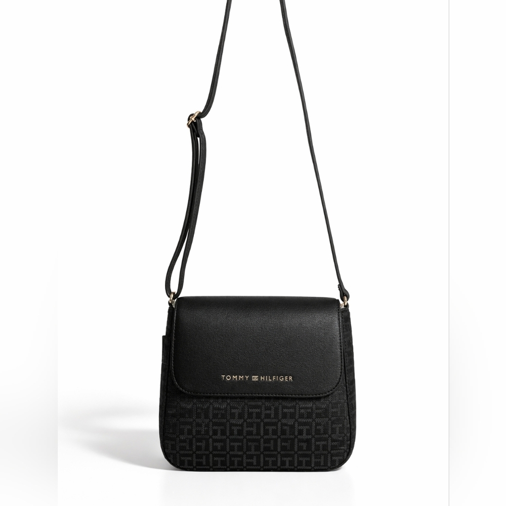 Tommy Hilfiger Black Monogram Crossbody Bag | Adjustable Strap | 9 x 8.5 x 3 in